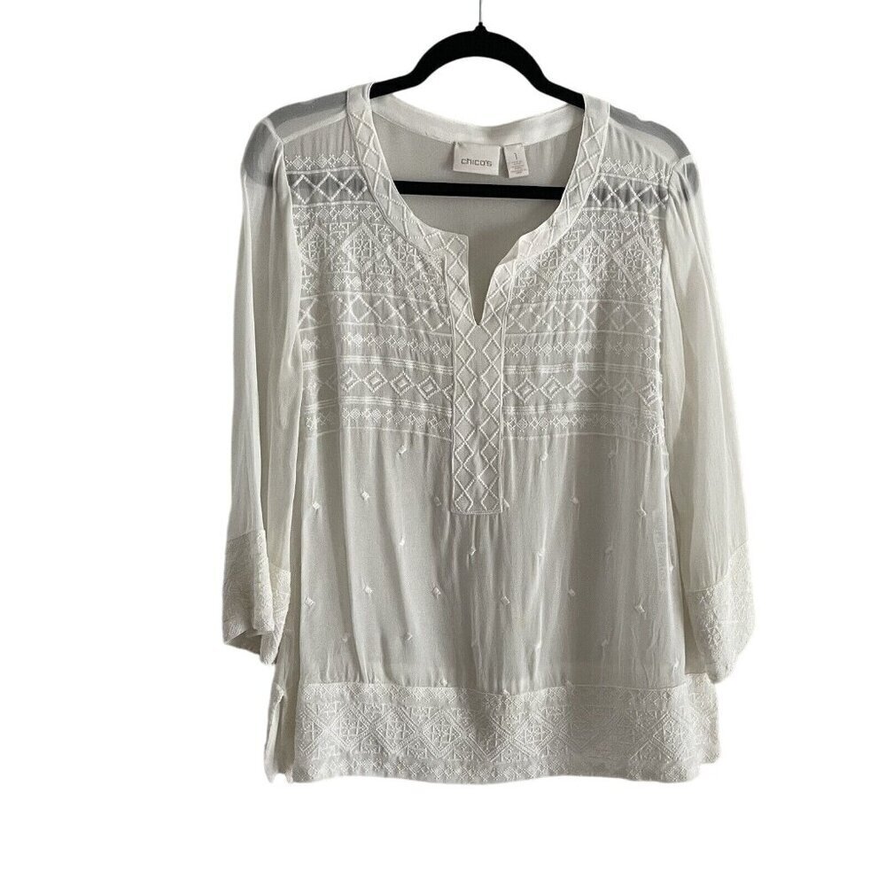 Chicos Women SZ 1/Small Ivory 3/4 Sleeve Embroidered Split Neck Sheer Blouse Top